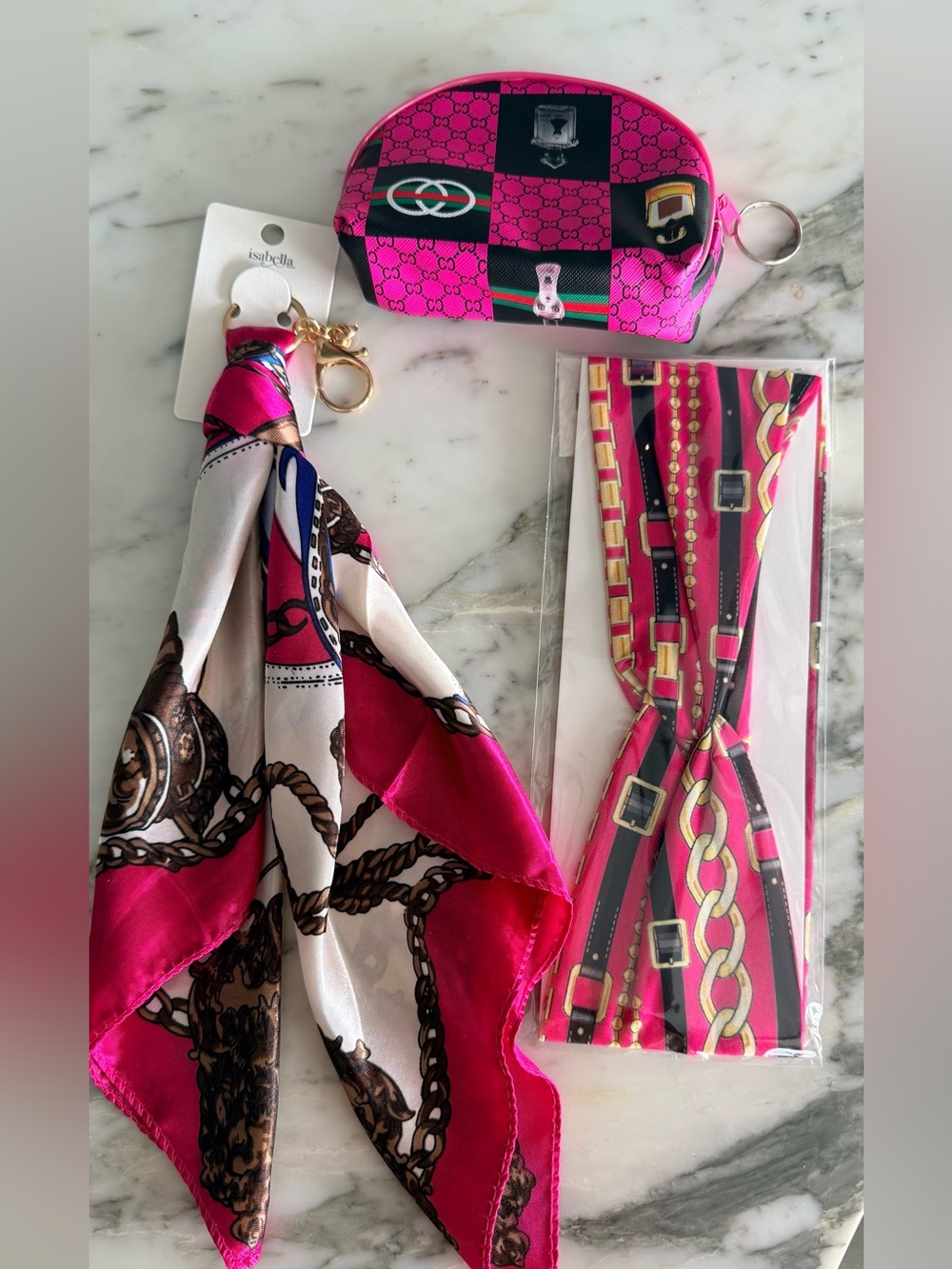 Pink Chain Print Scarf Keychain Bag Charm Coin Pouch Makeup Case Headband New